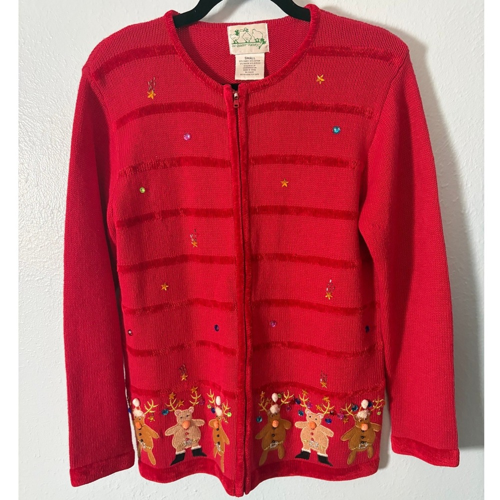 Quacker Factory Red Reindeer Christmas Cardigan Sweater Zip Front Art To Wear